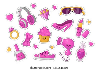 Cute Cartoon Sticker Set With Kawaii Little Girl And Cosmetics, Fashion Things - Pink Dress, Perfume, Bow, Hand Bag, Headphones, Shoes, Woman Stuff Or Girls Accessory, Vector Flat Illustration