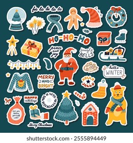 Cute cartoon sticker set for Xmas, New Year, wintertime for planners, notebooks. Ready for print list of stickers with lettering, clipart of fir tree, Santa Claus, funny bear, Christmas decorations.