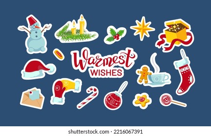 Cute cartoon stickers, Boxing Day, Christmas and New Year objects and lettering Warmest Wishes. Favorite symbols and items of winter festival. Santa hat, letter, gifts and sweets etc.