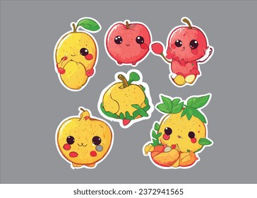 cute cartoon stickers of fruits with eyes , hands and legs.