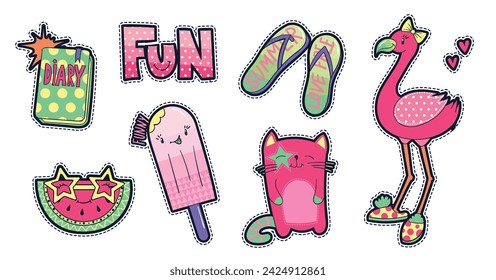 Cute cartoon stickers with pink flamingos, ice cream, funny cat, watermelon slice, diary, flip flops. Smiling faces character.