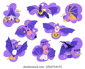 Cute cartoon stickers set with funny bat. Thanks give, congratulatory bat character. Vector illustration isolated on purple background. Great decoration for children's Halloween, Happy birthday party