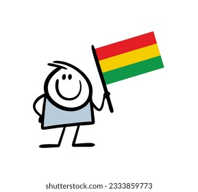 Cute cartoon stickman holding flag of Bolivia in rising up hand. Vector illustration of stick figure person waving national sign of the country. Doodle man isolated on white background.