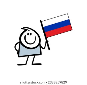 Cute cartoon stickman holding flag of Russian Federation in rising up hand. Vector illustration of stick man waving national sign of the country. Doodle russian person isolated on white background.