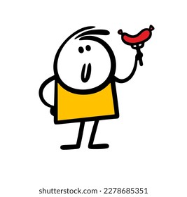 A cute cartoon stickman holds a fork with a sausage in his hand and is about to eat. Vector illustration of food and men.