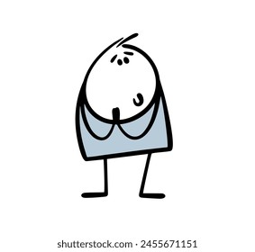 Cute cartoon stickman looks questioningly, asks and begs. Vector illustration of  funny boy with a pleading look. Cartoon child has been guilty, he asks for forgiveness. Isolated on white background.