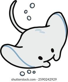 Cute cartoon stingray with adorable eyes and a friendly smile, floating on a white background with playful bubbles. Perfect for children's illustrations, educational materials, and marine life designs