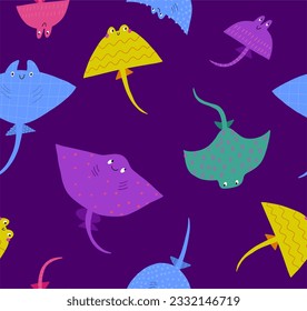 Cute cartoon stingray- vector illustration. Awesome character, flat style, undersea life seamless pattern