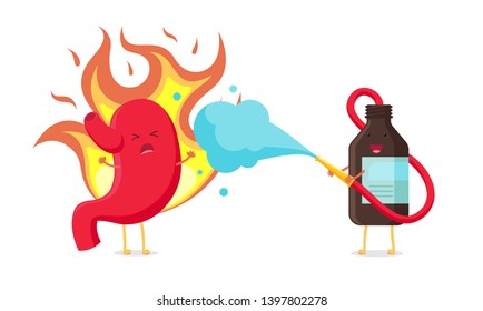 Cute cartoon stomach character burns from heartburn. Brown medicine bottle puts out a fire like firefighter. Vector organ digestive system nhealthy sick emoji sad emotion. Funny illustration EPS10