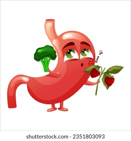 Cute cartoon stomach character. Concept choosing healthy food. Internal organ human. Vector illustration isolated white background.
