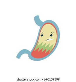 Cute cartoon stomach character with face.  Represents stomach pain, stomach ache.