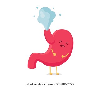 Cute Cartoon Stomach Character Fart. Digestive System Bloating. Vector Organ Mascot Unhealthy Sick Emotion. Abdominal Pain Isolated Eps Illustration