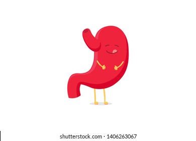 Cute cartoon stomach character funny healthy strong emoji happy smiling licking lips yummy emotion. Vector organ digestive system. Vector illustration