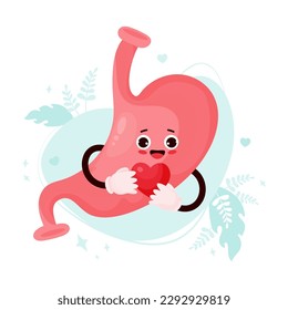 Caricatura de estómago. Divertido órgano humano sonriente con el corazón en las manos. Ilustración vectorial. Funny órgano del tracto gastrointestinal mascota romántica