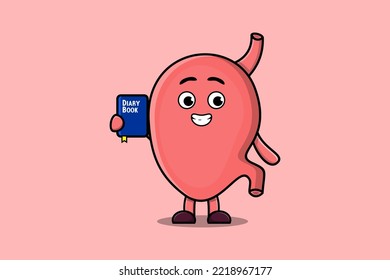Cute cartoon Stomach character holding diary book illustration with happy expression