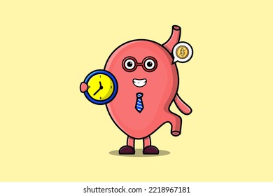Cute cartoon Stomach character holding clock illustration with happy expression