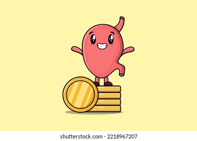Cute cartoon Stomach character standing in stacked gold coin vector illustration in flat cartoon