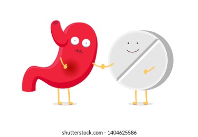 Cute cartoon stomach character unhealthy sick emoji sad emotion with funny smiling medicine tablet pill. Healthcare, medical, friends, pill concept. Stomach healths treatment, therapy. Vector flat