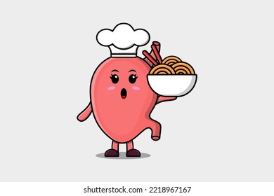 Cute cartoon Stomach chef character holding noodles in bowl flat cartoon style illustration