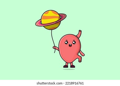 Cute cartoon Stomach floating with planet balloon cartoon vector illustration