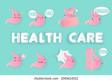 cute cartoon stomach with health care on the green background