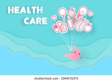 cute cartoon stomach with health care on the blue background