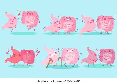 cute cartoon stomach and intestine on the green background