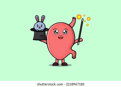 cute cartoon Stomach magician character with bunny character coming out from magic hat