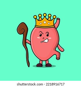 Cute cartoon Stomach mascot as wise king with golden crown and wooden stick illustration