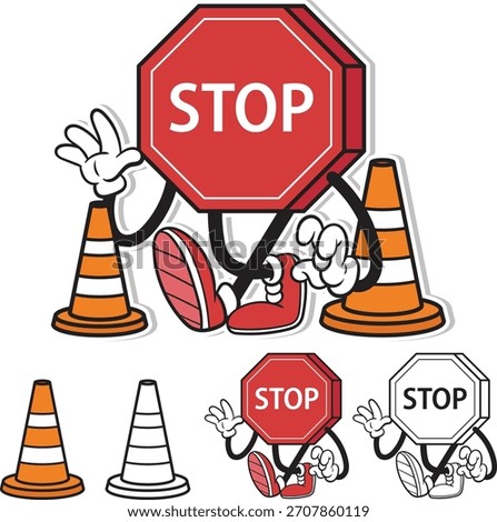 A cute cartoon stop sign mascot sitting with traffic cones. Vector illustration set includes color and black and white outline versions for coloring books or stickers.