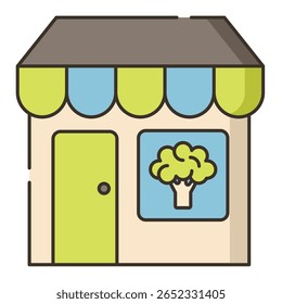 Bonito Cartoon Storefront com Awning e Brócolis Ilustração em