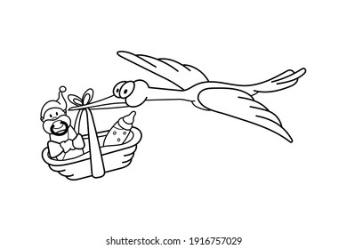 Cute cartoon stork with baby in basket. Flying bird delivery newborn kid. Coloring book page, maze game. Heron with child isolated on white background. Vector illustration