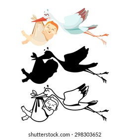 Cute cartoon stork with baby in various positions. Full-color, black-and-white and black silhouette isolated on white. Design element for logo design, baby shower design, sign-symbol. Vector 