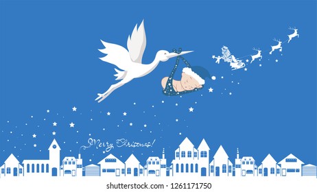 Cute cartoon stork and baby. Vector illustration of a flying bird carrying a newborn kid isolated with santa, merry christmas and happy new year
