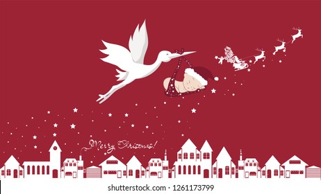 Cute cartoon stork and baby. Vector illustration of a flying bird carrying a newborn kid isolated with santa, merry christmas and happy new year