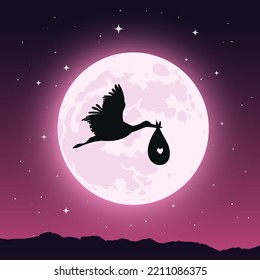 Cute cartoon stork and baby. Vector illustration full moon behind a flying stork with a newborn baby girl. Congratulations