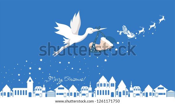 かわいい漫画のコウノトリと赤ちゃん サンタと一緒に生まれたばかりの子どもを運ぶ飛鳥のベクターイラスト 聖降誕祭と新年の楽しさ のベクター画像素材 ロイヤリティフリー