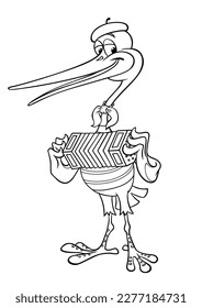 Cute cartoon stork plays the concertina. Musician stork dressed as a Parisian mime. Vector outline image of a cartoon stork isolated on white.