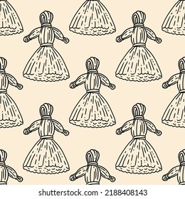 Cute cartoon straw dolls doodles seamless border pattern. Vector repeatable Marena dolls background texture tile. Cozy template of stock image for wrapping design, wallpaper