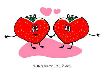 Cute cartoon strawberries with faces holding hands, expressing love and friendship. Heart shapes and pink accents make it perfect for Valentine’s or romantic themes