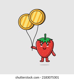 Cute cartoon strawberry businessman floating with gold coin balloon cartoon vector illustration