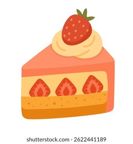 Cute cartoon strawberry cake slice with cream and layered filling. Sweet dessert in flat style.