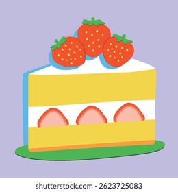 Cute cartoon strawberry cake slice illustration with bright pastel colors