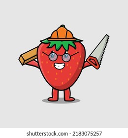 Cute cartoon strawberry as carpenter character with saw and wood in flat modern style design