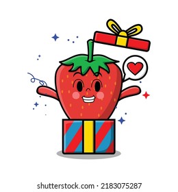 Cute cartoon strawberry character coming out from big gift box look so happy in flat cartoon style