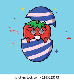 Cute cartoon strawberry character coming out from easter egg look so happy in illustration cartoon