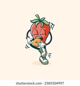 A cute cartoon strawberry character happily enjoys a sweet donut treat while wearing sneakers.