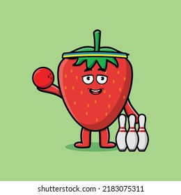 Cute cartoon strawberry character playing bowling in flat modern style design