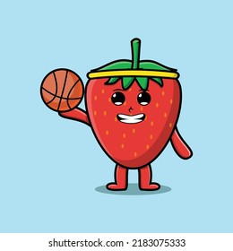 Cute cartoon strawberry character playing basketball