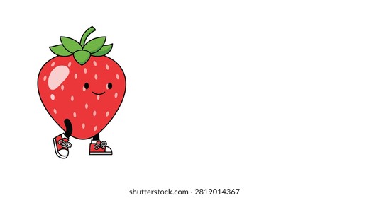 A cute cartoon strawberry character with a smiling face wearing red sneakers walking on a plain white background.